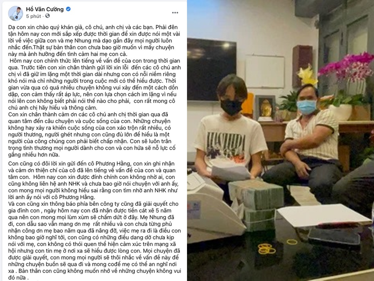 Sau khi nhận số tiền lớn từ phía Phi Nhung, Hồ Văn Cường có bài đăng dài trên trang cá nhân tuyên bố chấm dứt hoạt động với công ty cũ