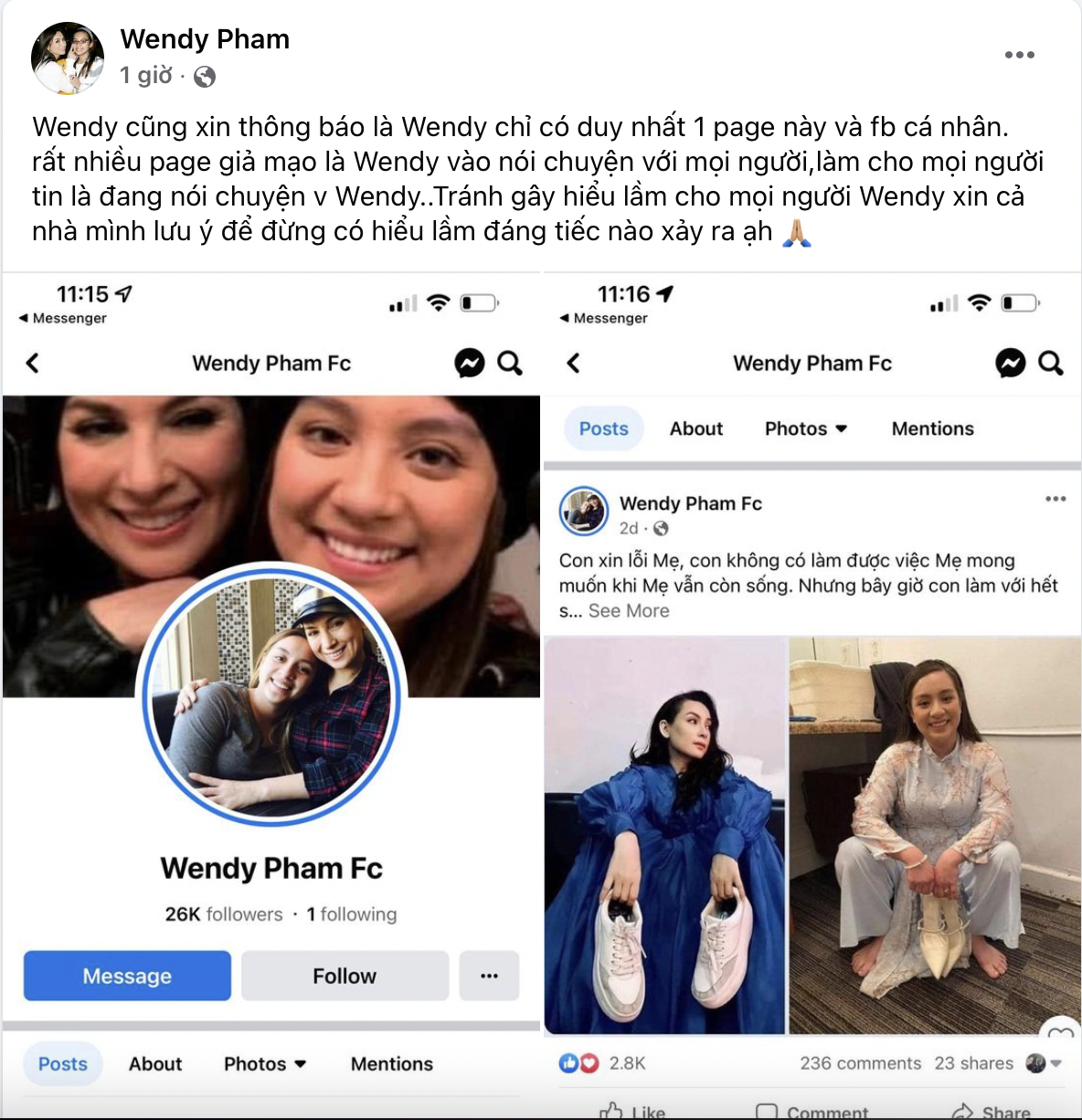 Trước đó, con gái Phi Nhung cũng đã lên tiếng cảnh báo bị giả mạo danh tính trên mạng xã hội.
