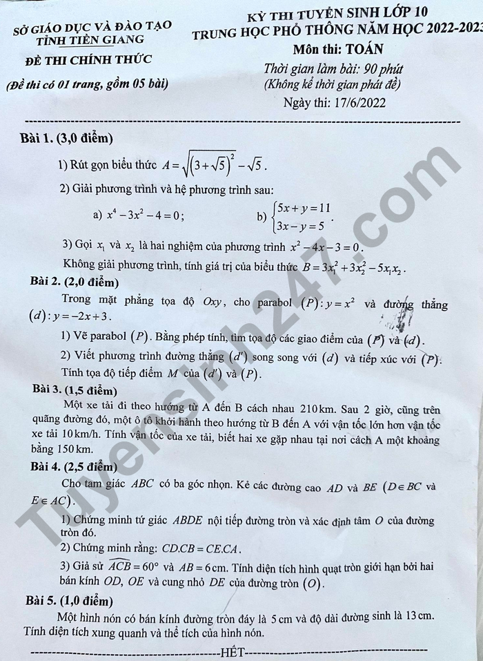 Đề thi môn Toán kỳ thi tuyển sinh lớp 10 tỉnh Tiền Giang năm 2022 Đề thi môn Toán kỳ thi tuyển sinh lớp 10 tỉnh Tiền Giang năm 2022