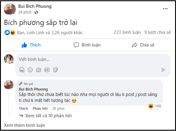 Dòng trạng thái thông báo sự trở lại của Bích Phương nhanh chóng thu hút sự chú ý. Dòng trạng thái thông báo sự trở lại của Bích Phương nhanh chóng thu hút sự chú ý.