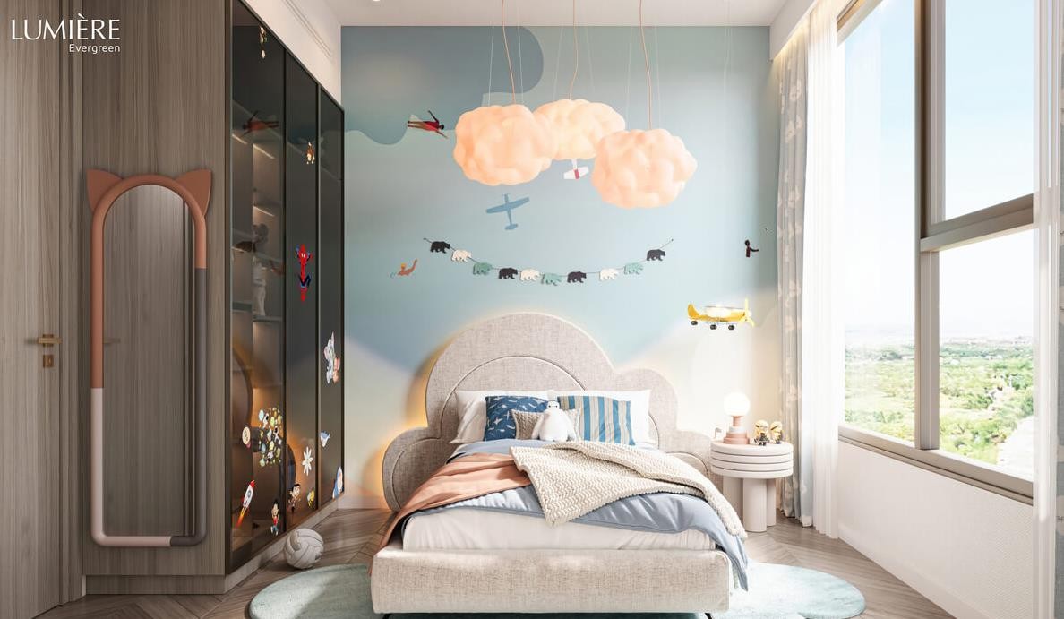 Không gian phòng ngủ tại căn hộ Lumiere Evergreen được bàn giao với tủ quần áo bằng kính