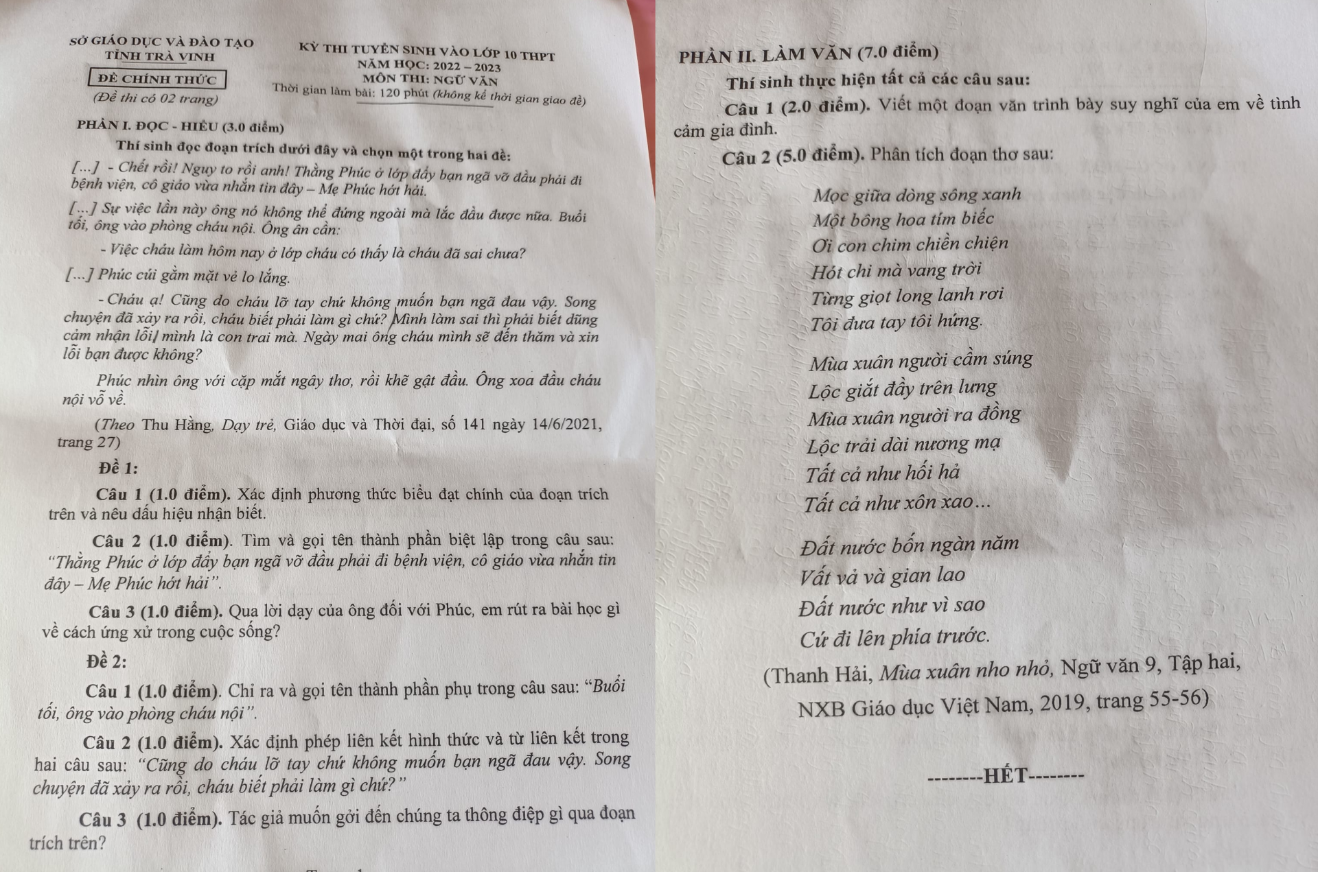 Đề thi vào lớp 10 môn Ngữ Văn của tỉnh Trà Vinh 2022 nhanh nhất