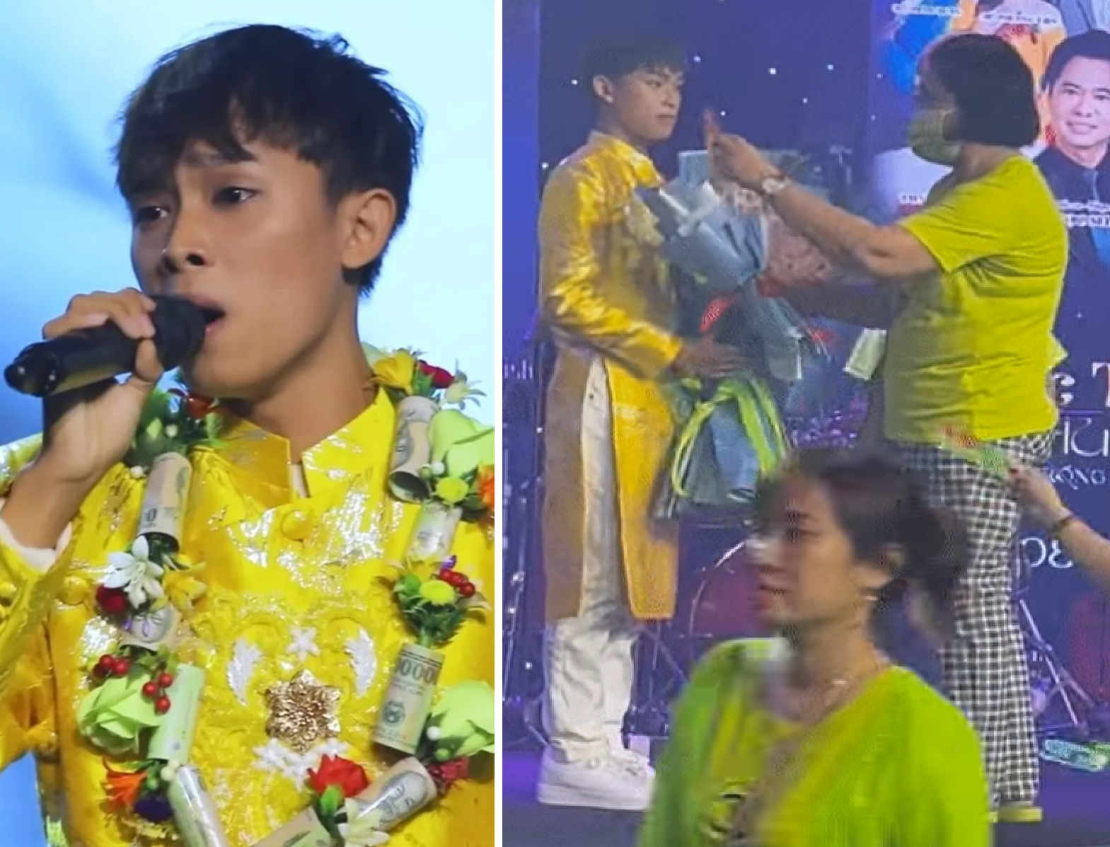 Hồ Văn Cường được tăng dây tiền và bó hoa tiền.