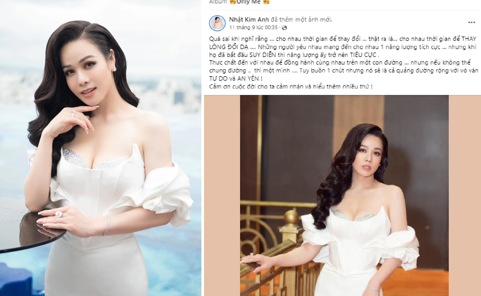 Nhật Kim Anh đầy tâm trạng về chuyện 'thay lòng đổi dạ'. Ảnh chụp màn hình FBNV