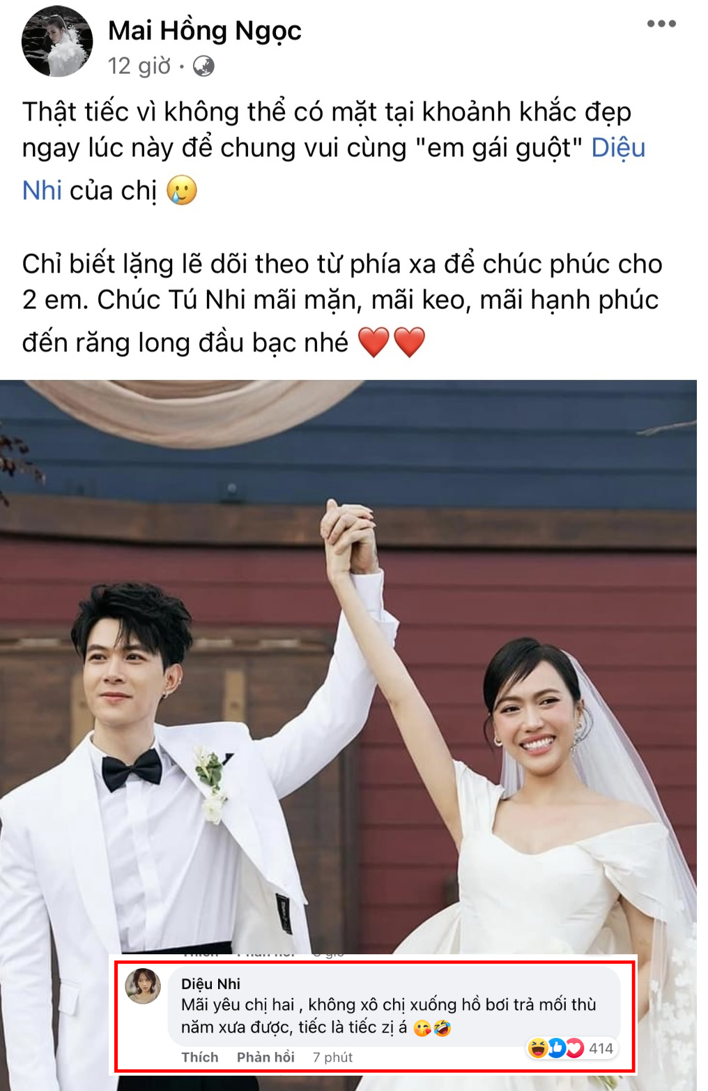 Diệu Nhi vẫn 'mãi yêu' với Đông Nhi dù đàn chị không đến dự đám cưới được. Ảnh chụp màn hình