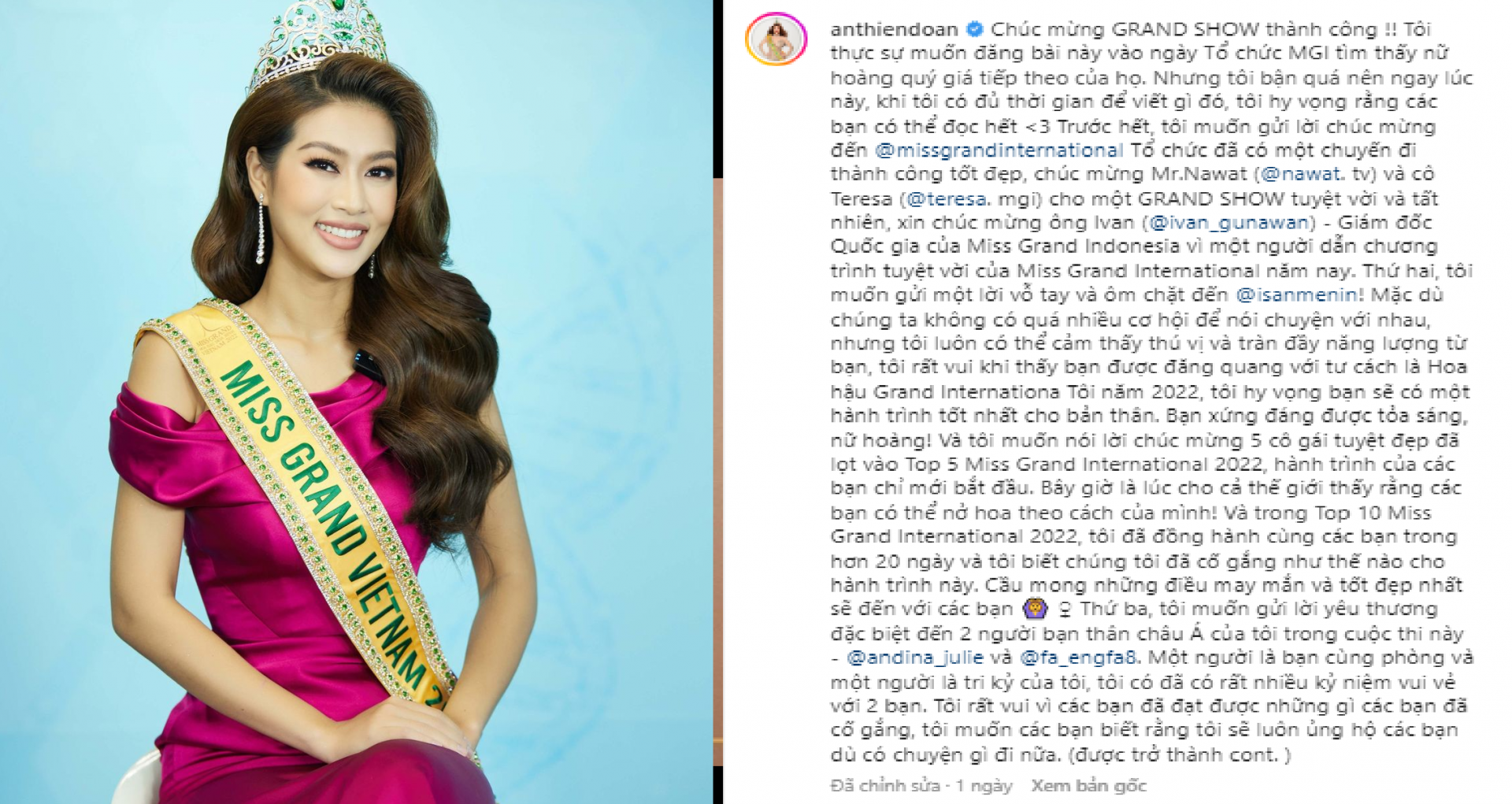 Thiên Ân bất ngờ chúc mừng ông Nawat. Ảnh chụp màn hình