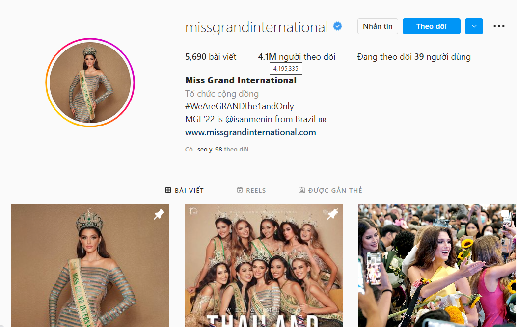 Tài khoản Miss Grand International liên tục bị tụt lượng người theo dõi. Ảnh chụp màn hình