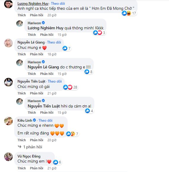 Nhiều sao Việt vào chúc mừng bà xã Trấn Thành. Ảnh chụp màn hình