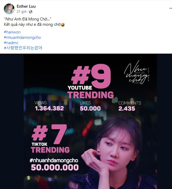 Hari Won báo tin vui khiến nhiều người chú ý. Ảnh chụp màn hình