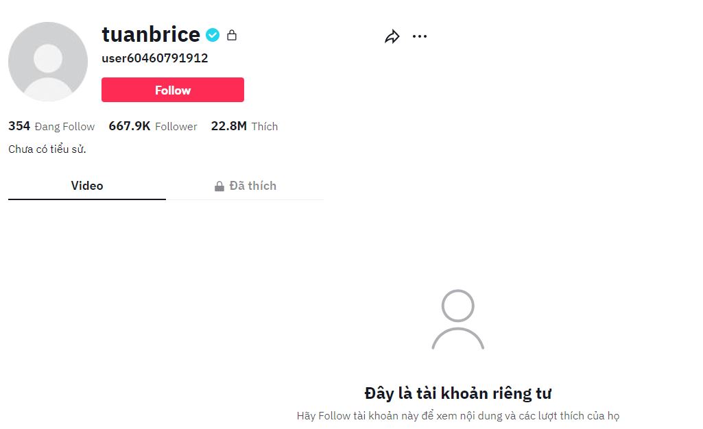 Lượt người theo dõi trang tiktok của Nờ Ô Nô đã sụt giảm mạnh. Ảnh chụp màn hình