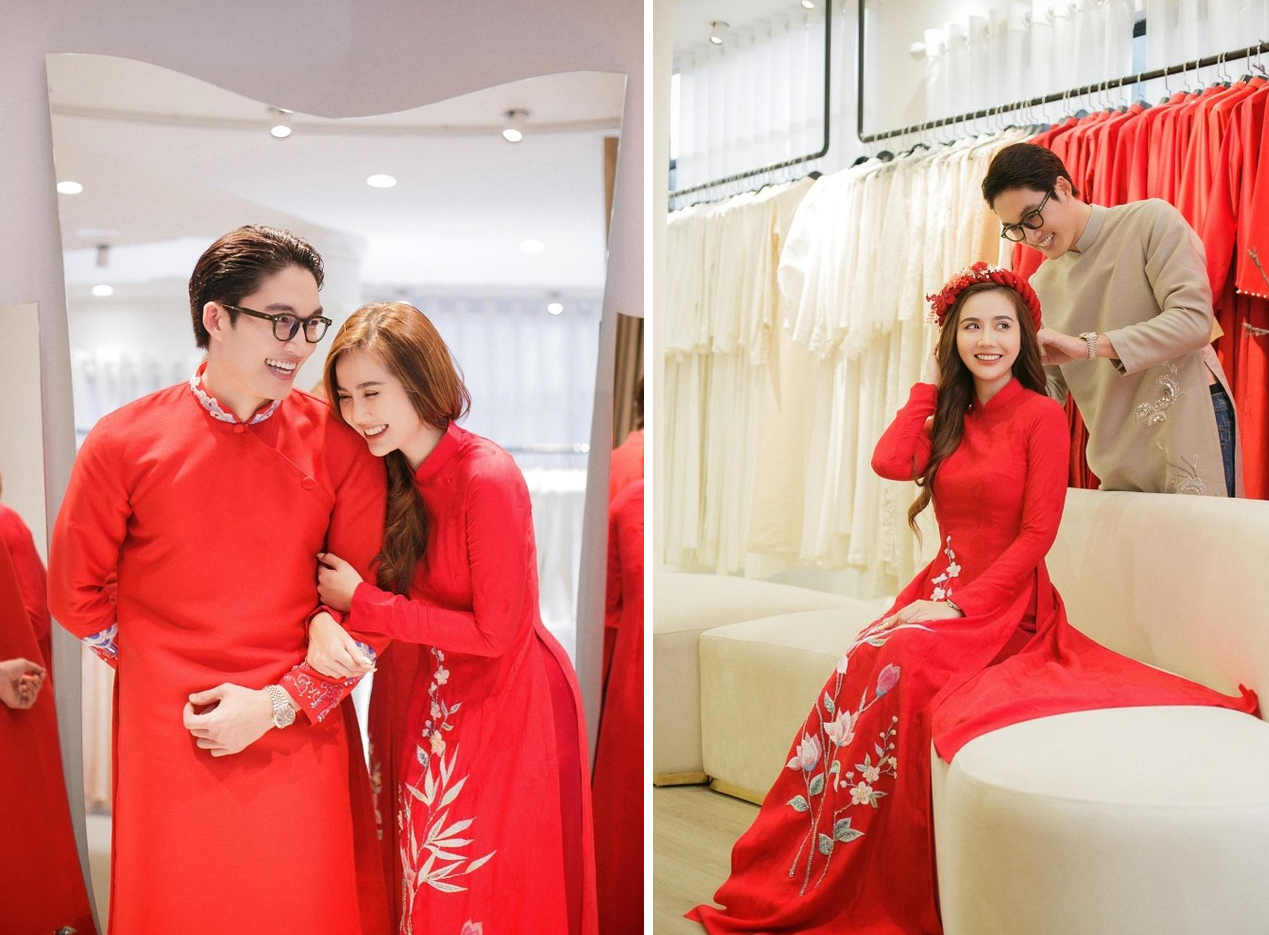 Huyền Lizzie và Đình Tú trong buổi thử áo dài.