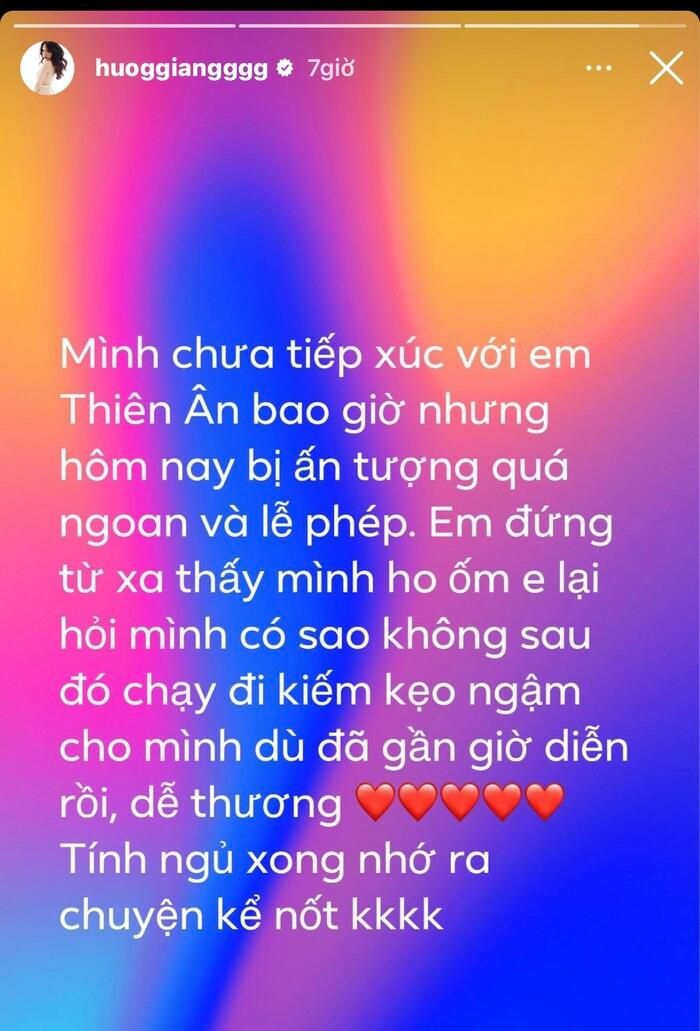 Hương Giang bất ngờ với thái độ của Hoa hậu Thiên Ân trong lần đầu gặp mặt. Ảnh chụp màn hình Hương Giang bất ngờ với thái độ của Hoa hậu Thiên Ân trong lần đầu gặp mặt. Ảnh chụp màn hình