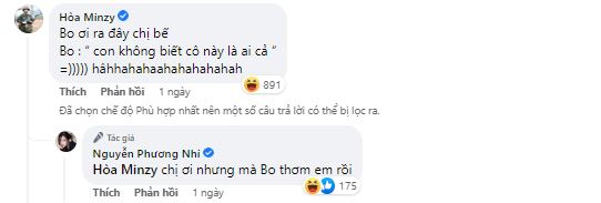 Màn trò chuyện hài hước của Hòa Minzy và Á hậu Phương Nhi. Ảnh chụp màn hình Màn trò chuyện hài hước của Hòa Minzy và Á hậu Phương Nhi. Ảnh chụp màn hình