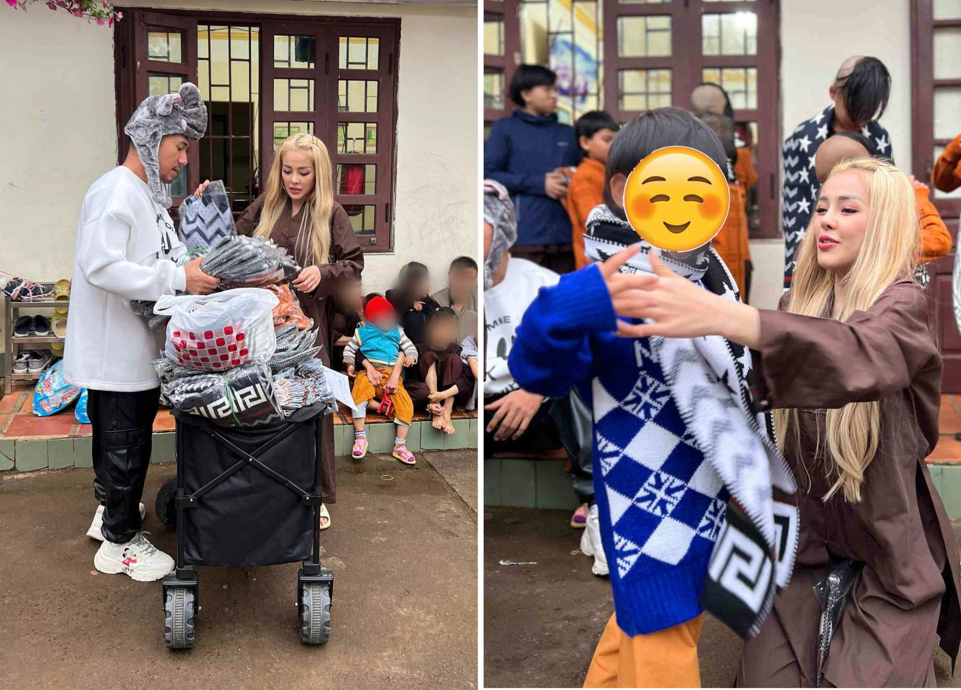 Ngân 98 mặc kín đáo cùng bạn trai đi làm từ thiện.