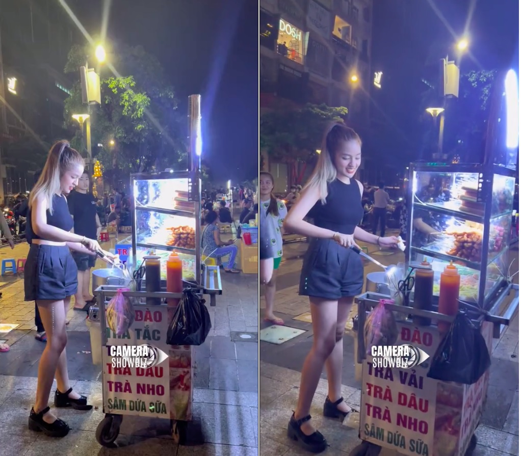 Trần Thanh Tâm trổ tài bán cá viên chiên ở phố đi bộ. Ảnh: Camera Showbiz