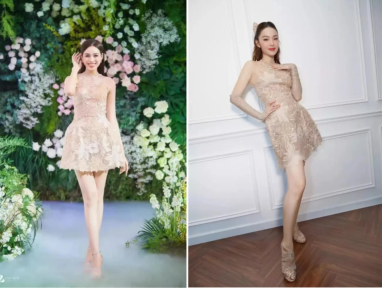 Minh Hằng chẳng chịu lép vế khi diện mẫu váy ren với Đỗ Thị Hà. Ảnh internet