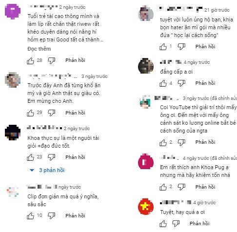 Những bình luận về video của Khoa Pug. Ảnh chụp màn hình Những bình luận về video của Khoa Pug. Ảnh chụp màn hình