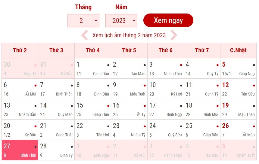 Lịch âm hôm nay ngày 27/2 - Tra cứu lịch âm thứ Hai ngày 27/2/2023 - Ảnh 1