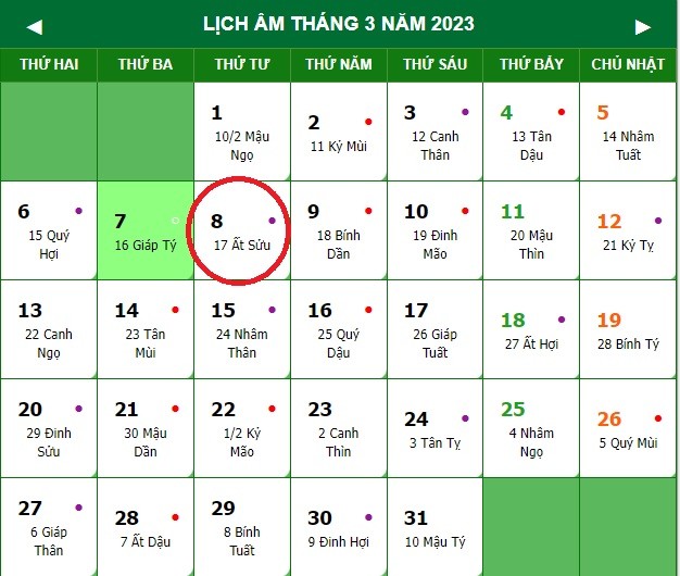 Lịch âm ngày 8/3 - Tra cứu lịch âm thứ Tư ngày 8/3/2023 - Ảnh 1