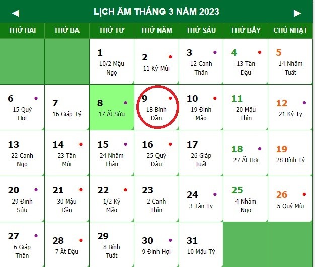 Lịch âm ngày 9/3 - Tra cứu lịch âm thứ Năm ngày 9/3/2023 - Ảnh 1 Lịch âm ngày 9/3 - Tra cứu lịch âm thứ Năm ngày 9/3/2023 - Ảnh 1