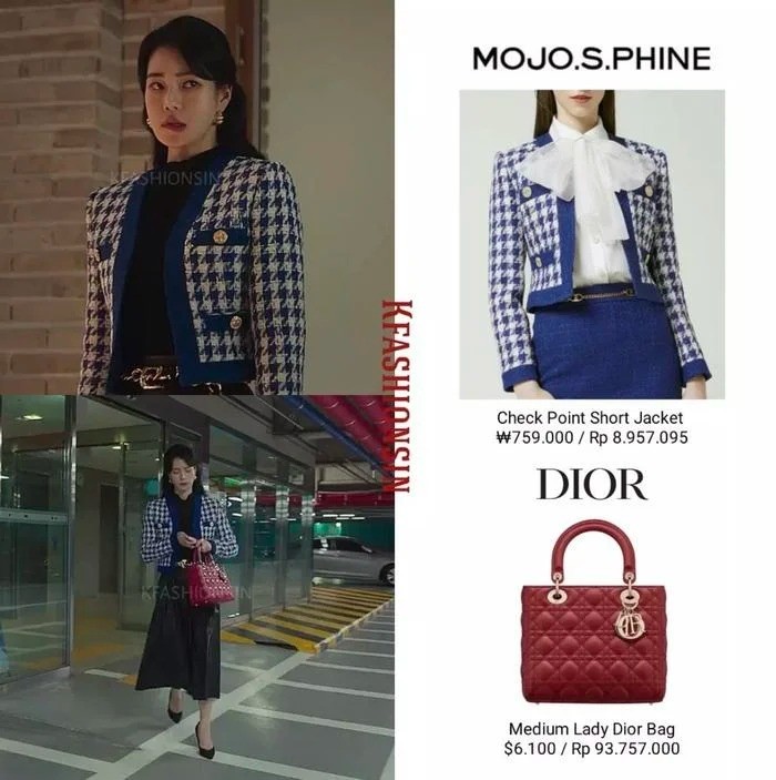 Yeon Jin chọn chiếc áo khoác đến từ nhà MOJO. S. PHINE với giá ₩;759.000 (~14 triệu VNĐ) cùng với chiếc túi Lady Dior trị giá $6.100 (~147 triệu VNĐ).