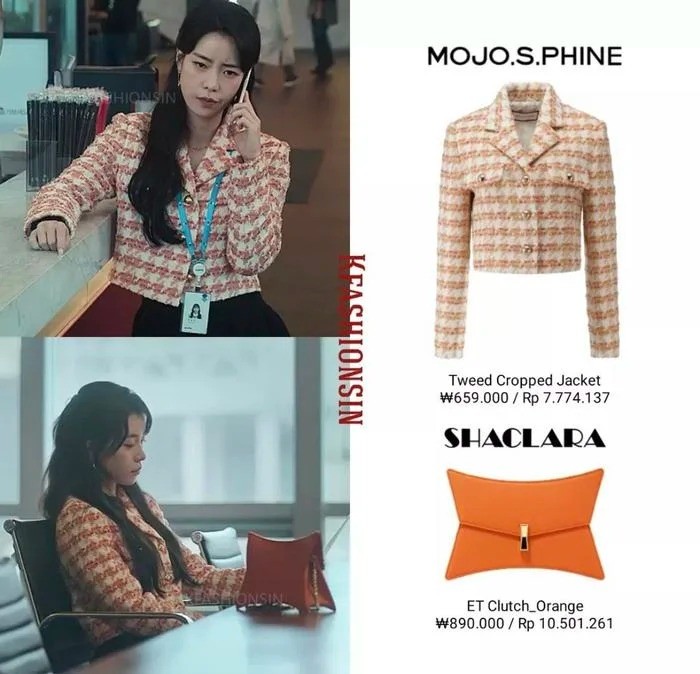 Nhân vật Park Yeon Jin diện chiếc áo Tweet đến từ thương hiệu MOJO. S. PHINE. Chiếc áo Tweed lần này có giá ₩659.000 (~12,4 triệu VNĐ) cùng với chiếc túi màu cam của nhà Shaclara có giá ₩890.000 (~16,7 triệu VNĐ).