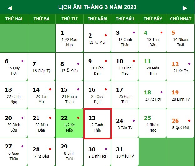 Lịch âm ngày 23/3 - Tra cứu lịch âm thứ Năm ngày 23/3/2023 1 Lịch âm ngày 23/3 - Tra cứu lịch âm thứ Năm ngày 23/3/2023 1