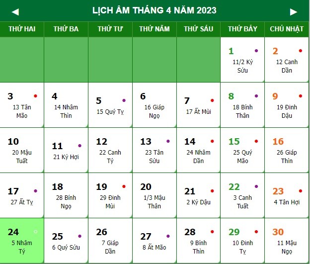 Lịch âm ngày 24/4 - Tra cứu lịch âm thứ hai ngày 24/4/2023 1 Lịch âm ngày 24/4 - Tra cứu lịch âm thứ hai ngày 24/4/2023 1