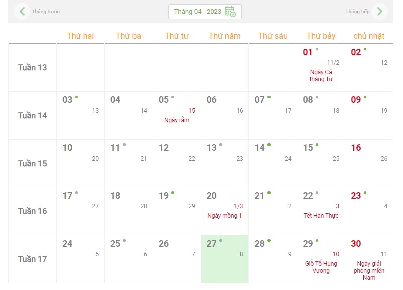 Lịch âm ngày 27/4 - Tra cứu lịch âm thứ năm ngày 27/4/2023 - Ảnh 1 Lịch âm ngày 27/4 - Tra cứu lịch âm thứ năm ngày 27/4/2023 - Ảnh 1