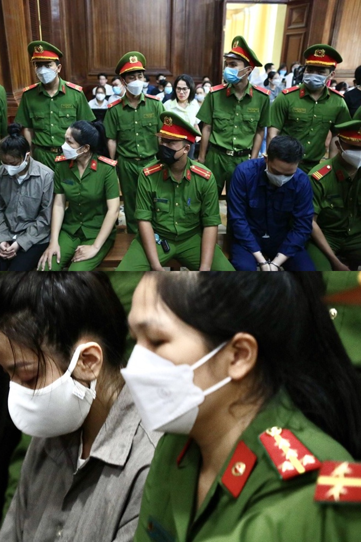 Nguyễn Võ Quỳnh Trang, Nguyễn Kim Trung Thái được dẫn vào phòng xét xử. Cả hai tỏ ra bình tĩnh, gương mặt không cảm xúc.