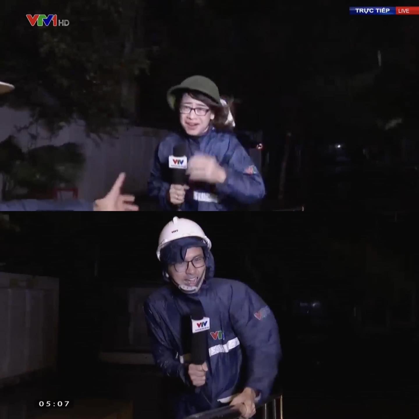 Các phóng viên tác nghiệp trực tiếp tại hiện trường nơi tâm bão đổ bộ, sức giật khủng khiếp của gió khiến họ không thể đứng vững, thậm chí suýt bị thổi bay