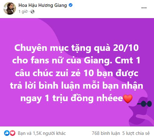 Bình luận một câu chúc vui vẻ, 10 bạn được Hương Giang trả lời bình luận mỗi bạn nhận ngay một triệu đồng Bình luận một câu chúc vui vẻ, 10 bạn được Hương Giang trả lời bình luận mỗi bạn nhận ngay một triệu đồng