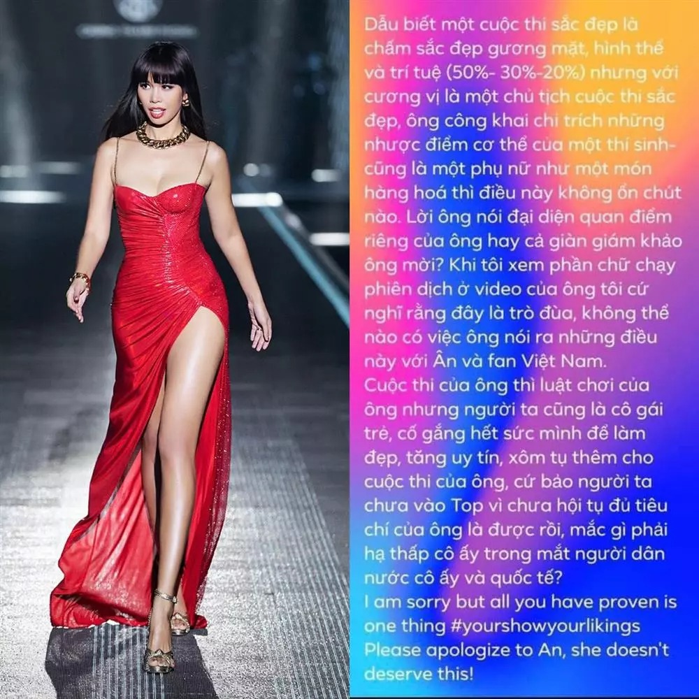 Siêu mẫu Hà Anh có bài đăng đáp trả những quan điểm của ông Nawat về Thiên Ân đồng thời mong ông này gửi lời xin lỗi