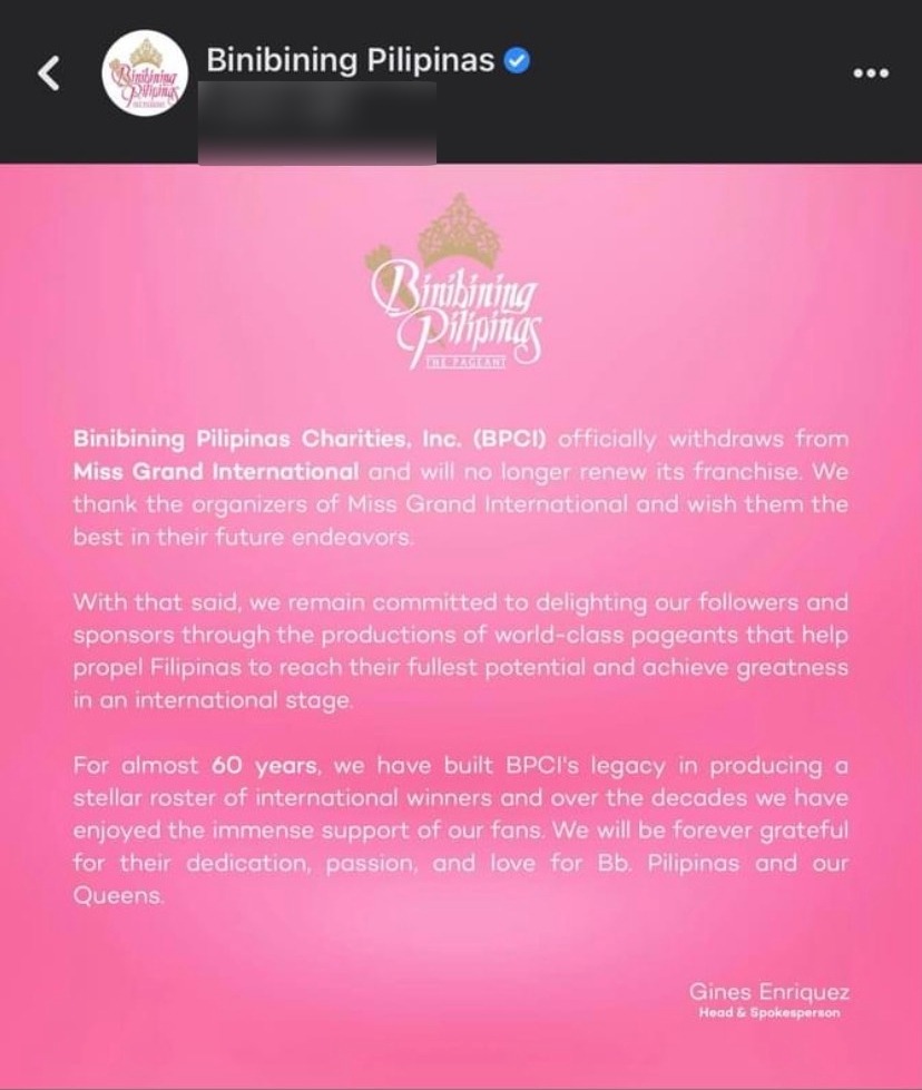 Binibining Pilipinas thông báo rút lui và không cử đại diện thi Miss Grand International ở các mùa giải tiếp theo