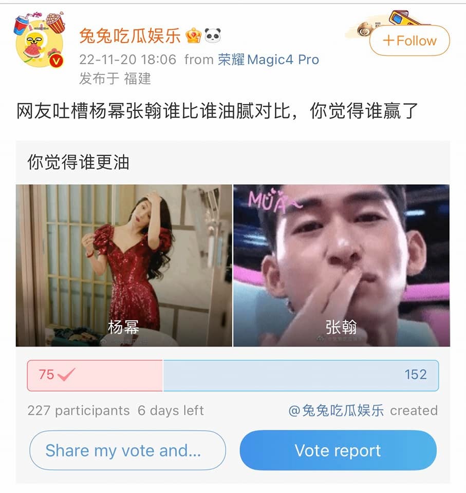 Gần đây, Dương Mịch được nhiều khán giả gán ghép cho biệt danh 'phiên bản nữ của Trương Hàn' sau màn thể hiện chưa thuyết phục trong phim Định Luật 80/20 Của Tình Yêu. Phim bị chê dữ dội về trạng thái kém của Dương Mịch, hay nội dung nhàm chán, nam - nữ chính không có nhiều chemistry. 