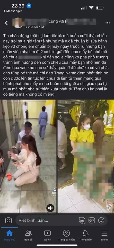 Trang Nemo bị tố tự ý lấy vật phẩm mà mình mang đi công quả tại chùa để trao cho bà con nhằm đánh bóng tên tuổi Trang Nemo bị tố tự ý lấy vật phẩm mà mình mang đi công quả tại chùa để trao cho bà con nhằm đánh bóng tên tuổi
