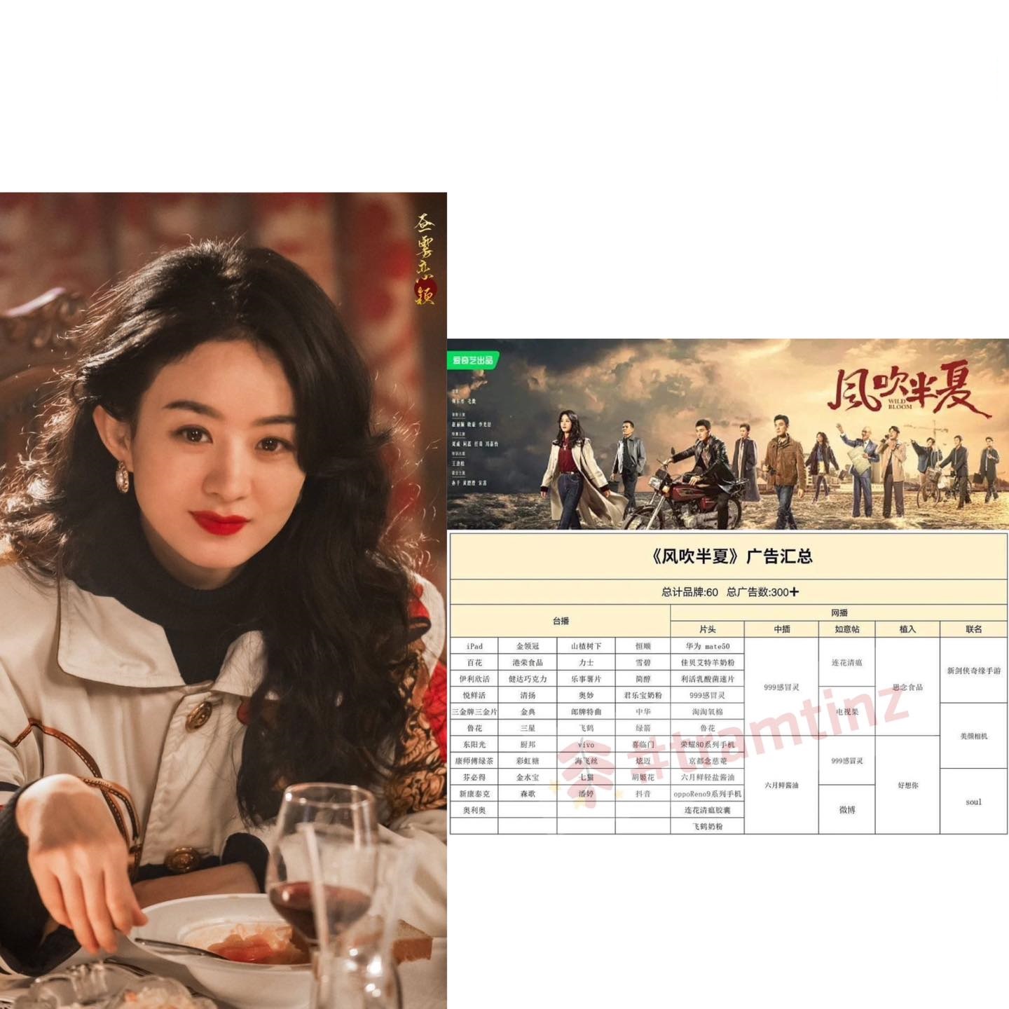 Blogger cho biết “Gió Thổi Bán Hạ” do Triệu Lệ Dĩnh đóng chính hiện tại tổng số quảng cáo chiếu trên đài và nền tảng online đã thu hút được là hơn 300 quảng cáo, từ 60 thương hiệu.