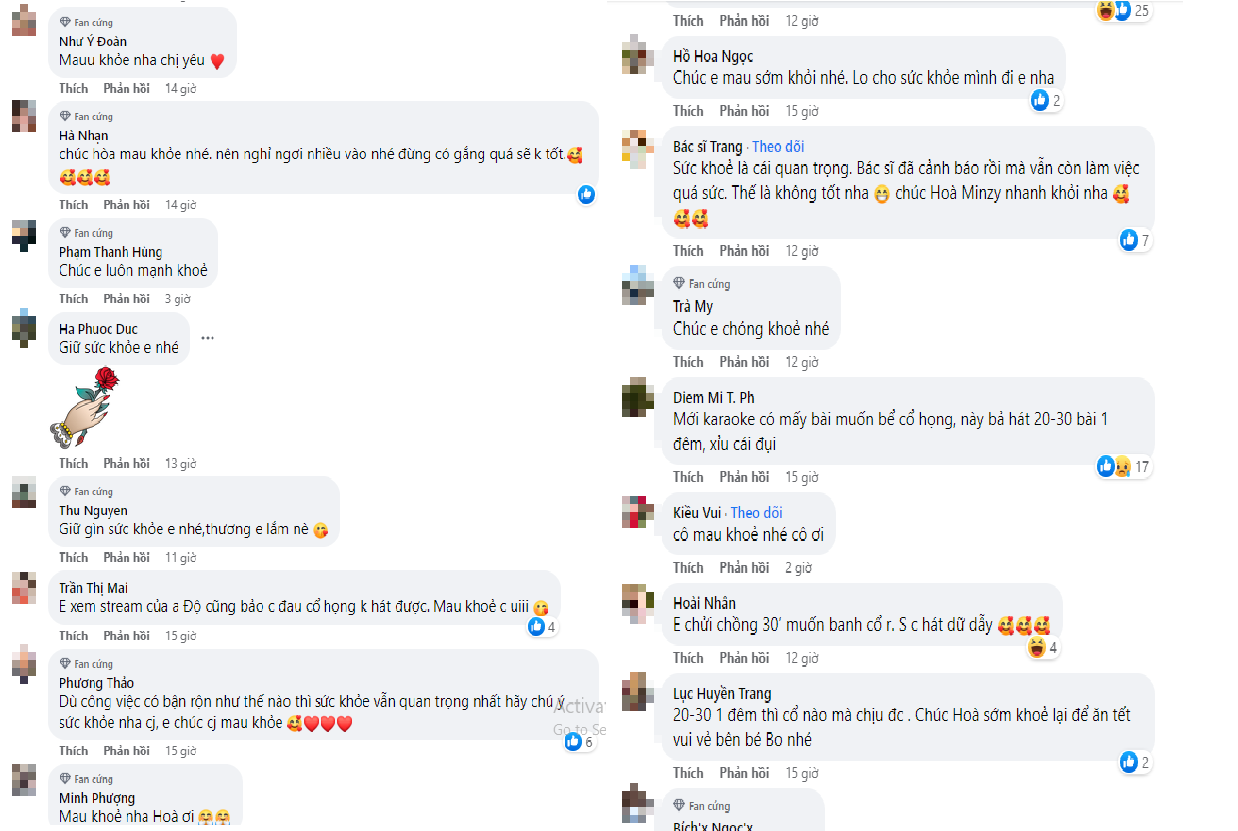 Người hâm mộ hỏi thăm, mong muốn Hòa Minzy sẽ dành nhiều thời gian để nghỉ ngơi, bảo vệ sức khỏe