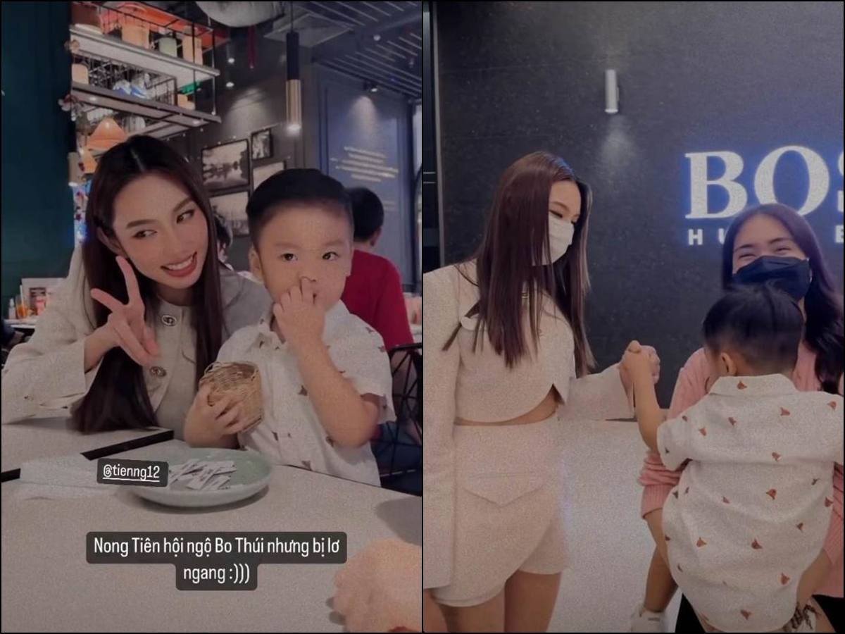 Thùy Tiên gặp lại con trai Hòa Minzy. Vẫn như lần đầu, màn hội ngộ này bé Bo tiếp tục 'bơ' nàng hậu. Ảnh: Internet