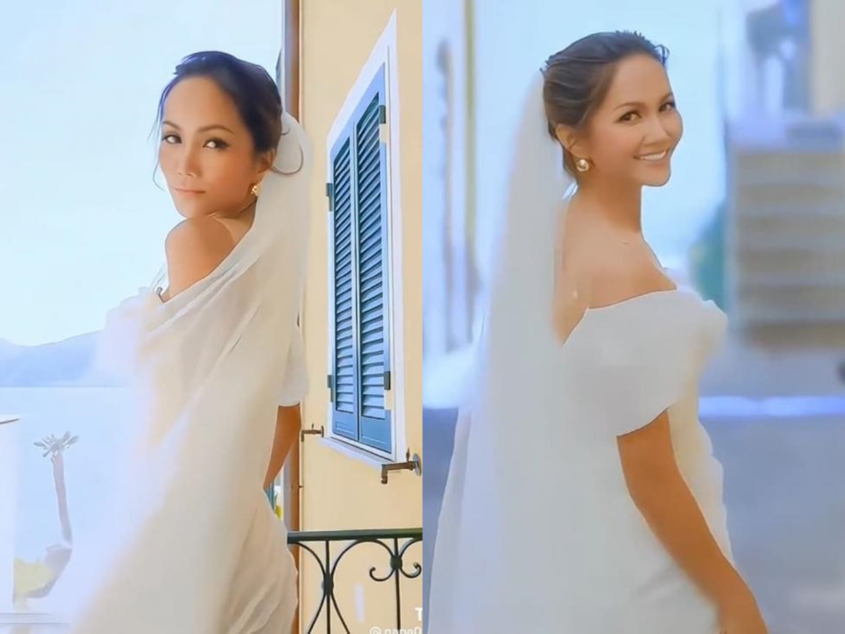 H'Hen Niê rạng rỡ trong bộ váy cưới. Ảnh: Chup màn hình