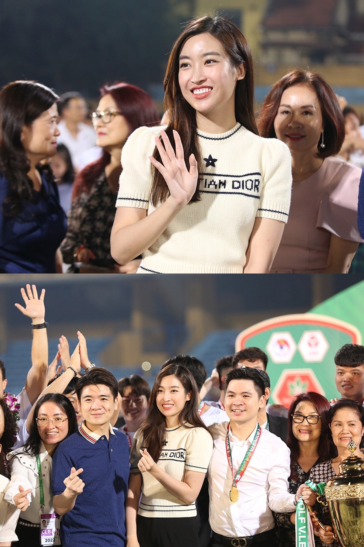 Đỗ Mỹ Linh tới sân Hàng Đẫy theo dõi trận Hà Nội - Hà Tĩnh ở vòng 25 V-League 2022 và sau đó xuống sân mừng chức vô địch. Ảnh: Ngôi Sao