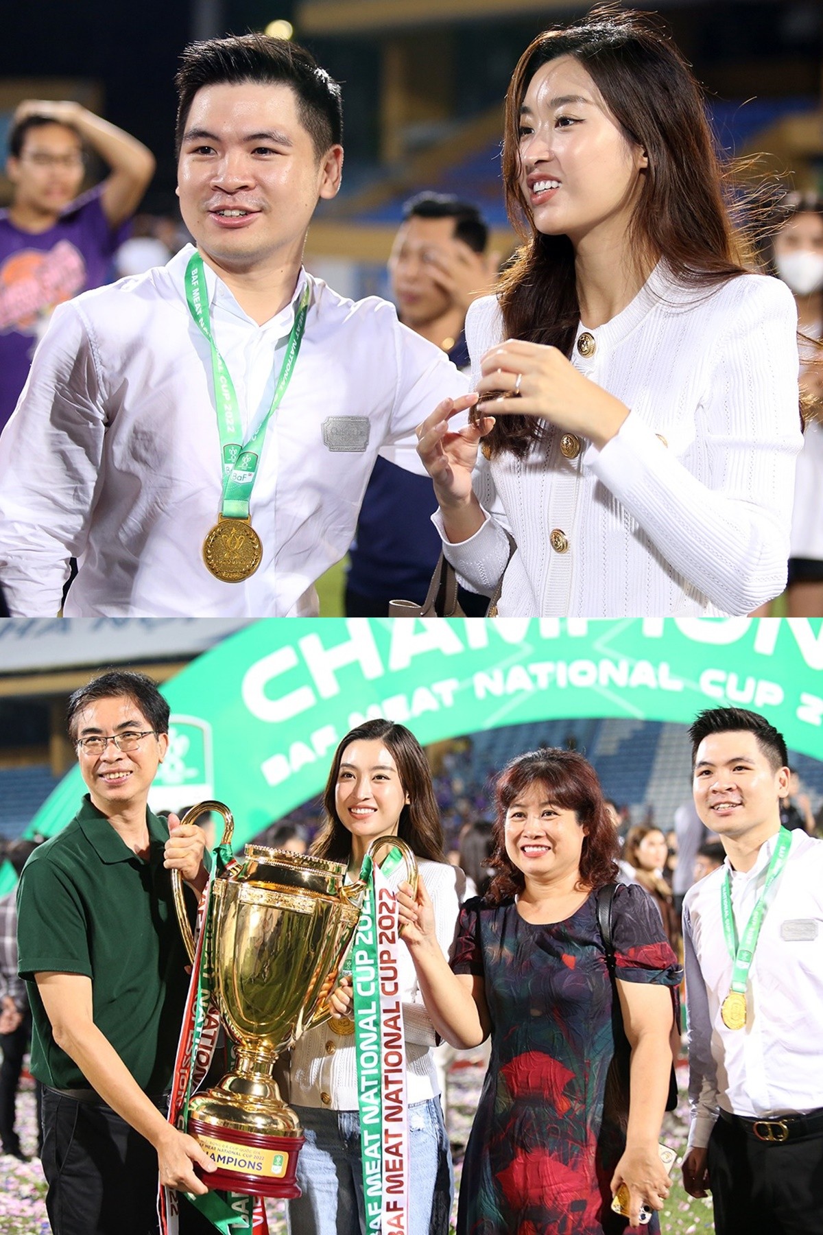 Đỗ Mỹ Linh xuất hiện với visual nhẹ nhàng ở lần 2 để chúc mừng CLB bóng đá của chồng giành chức vô địch Cup Quốc gia. Ảnh: Ngôi Sao