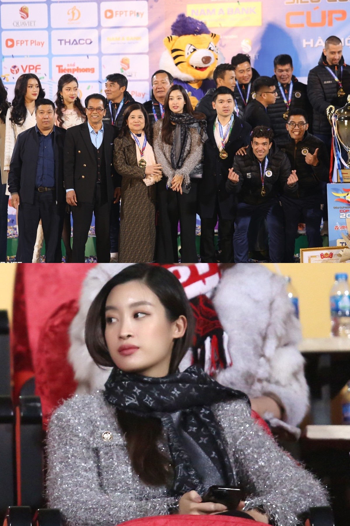 Đỗ Mỹ Linh được chồng hộ tống xuống sân Hàng Đẫy ăn mừng CLB Hà Nội giành chức vô địch Siêu Cup Quốc gia 2022. Ảnh: Ngôi Sao