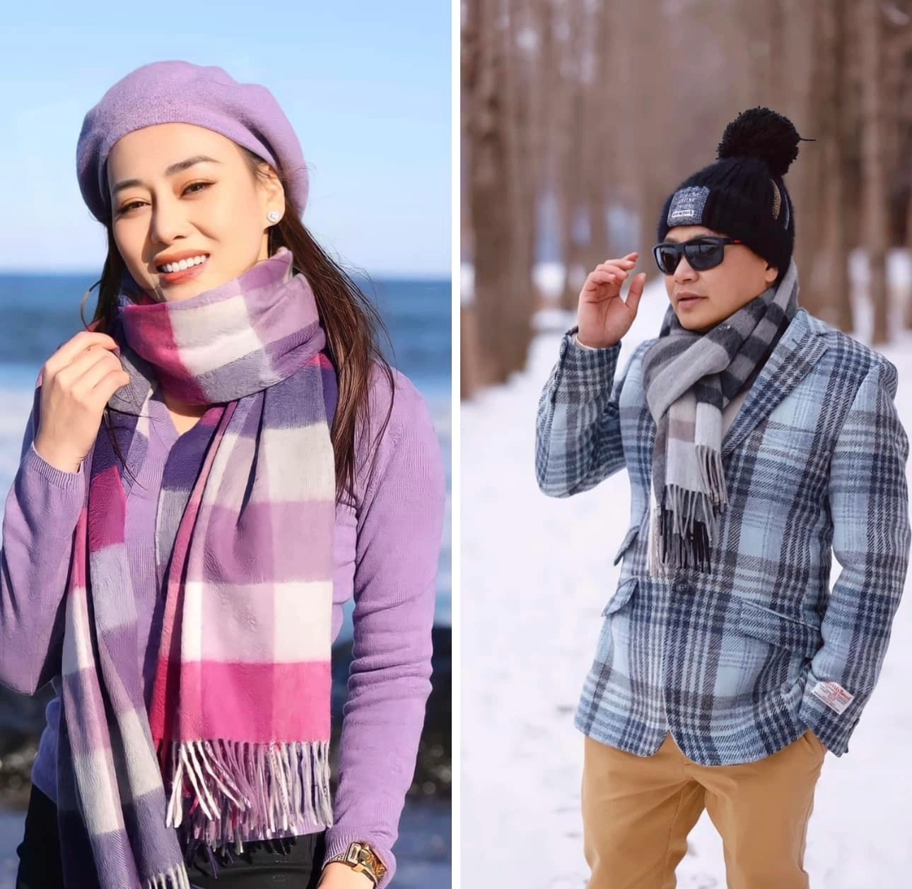 Phương Oanh - Shark Bình check-in tại địa điểm na ná nhau, diện khăn đôi