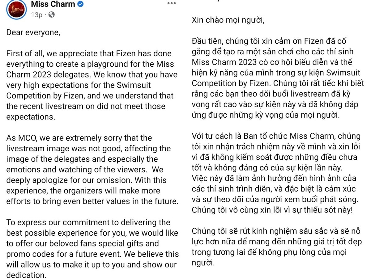 BTC Miss Charm 2023 lên tiếng gửi lời xin lỗi trên Fanpage chính thức