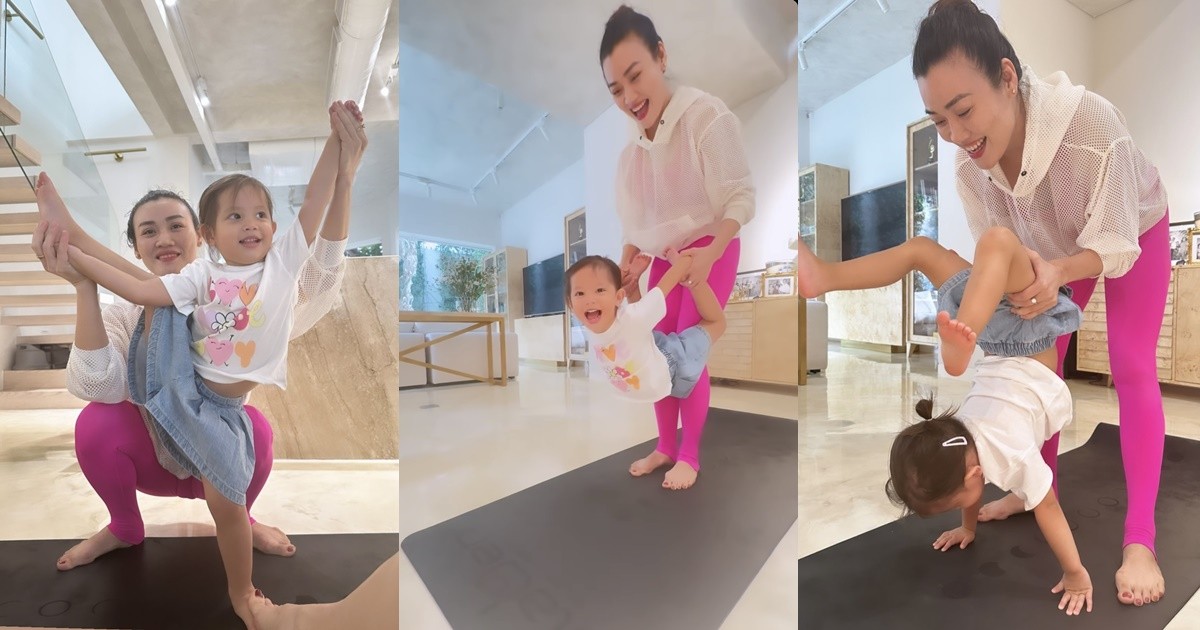 Lisa đam mê bộ môn yoga giống hệt mẹ, chẳng ngại thực hiện những động tác khó nhằn dưới sự hỗ trợ của cô giáo