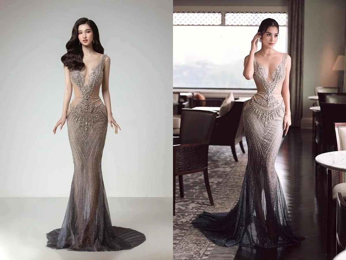 Phương Nhi từng đụng váy với Hoa hậu Tiểu Vy. Thiết kế xuyên thấu màu ánh bạc lấp lánh tôn trọn sắc vóc của hai nàng hậu