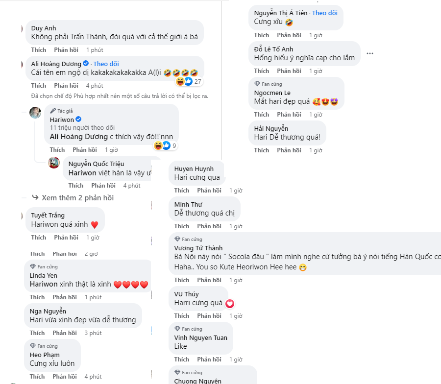 CDM bình luận hài hước dưới bài đăng của Hari Won