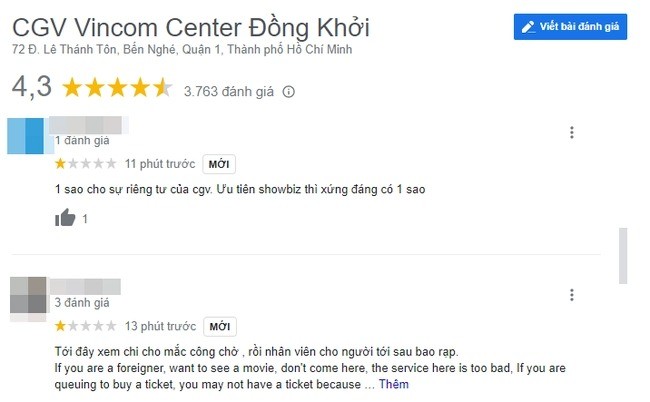 Nhiều đánh giá 1 sao trên trang của CGV Vincom Đồng Khởi - nơi diễn ra sự việc Nhiều đánh giá 1 sao trên trang của CGV Vincom Đồng Khởi - nơi diễn ra sự việc