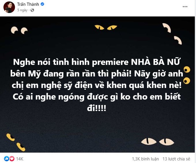 Trấn Thành cho biết tình hình công chiếu phim tại Mỹ. Ảnh: FB Trấn Thành Trấn Thành cho biết tình hình công chiếu phim tại Mỹ. Ảnh: FB Trấn Thành
